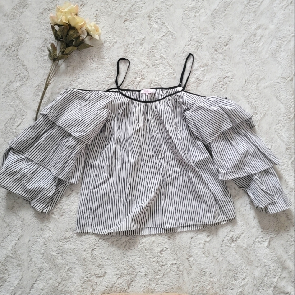 Parker‎ Cotton Black White Stripe Cold Shoulder Ruffle Sleeve Blouse Size S